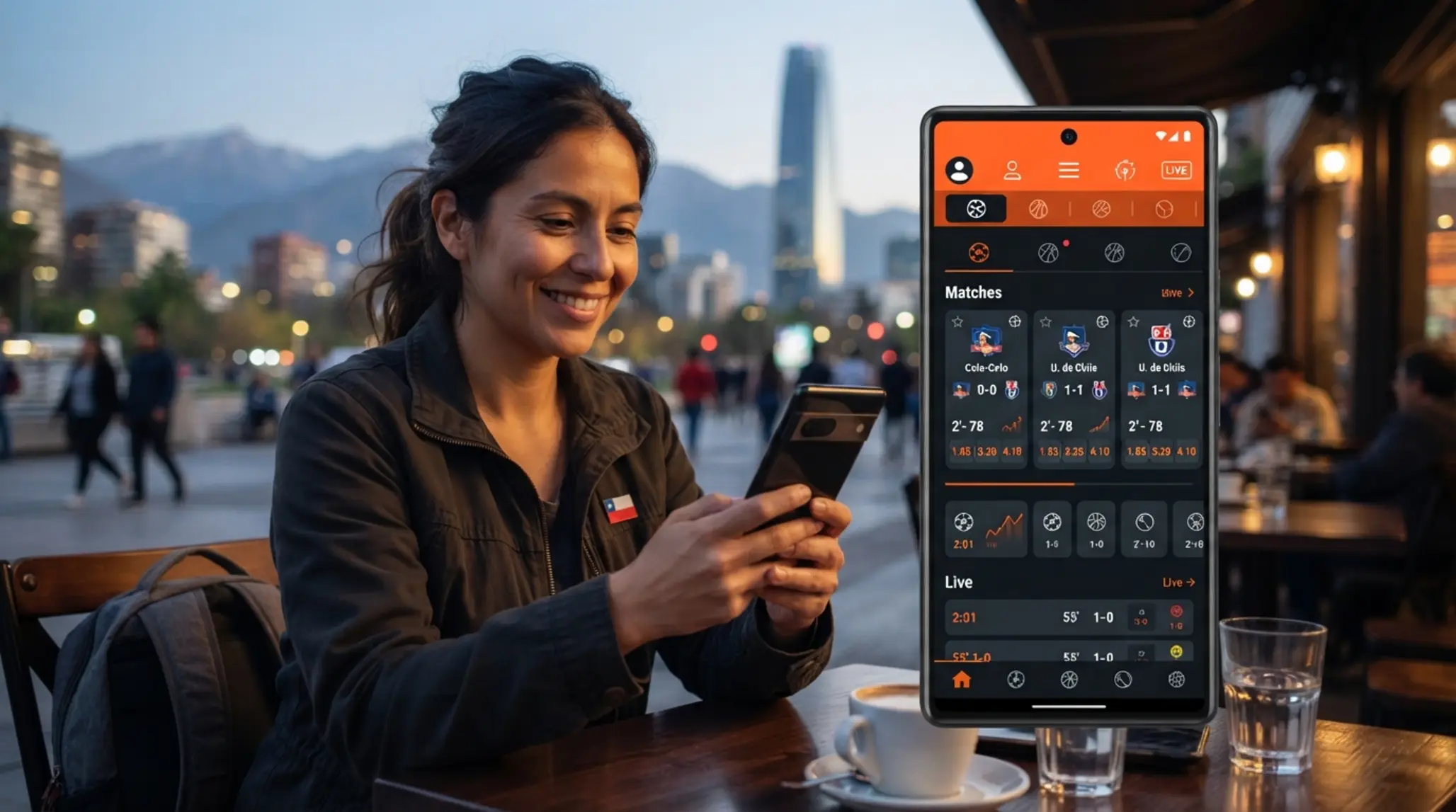 Usuario con teléfono Android mostrando una app móvil de entretenimiento y deportes