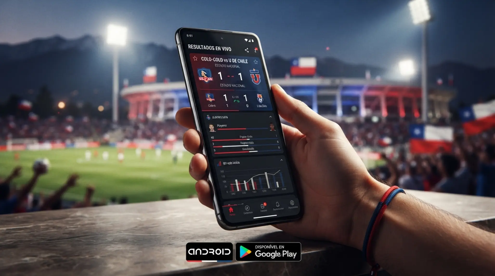 Smartphone con interfaz móvil en español y contexto visual de Chile para descarga en Android