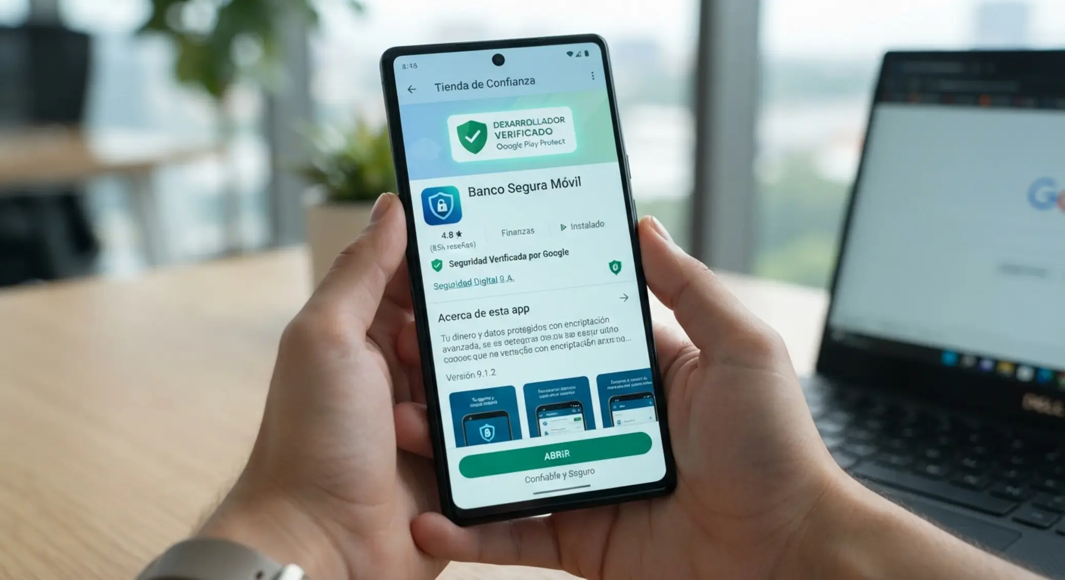 Pantalla de Play Store con foco en desarrollador oficial y descarga segura