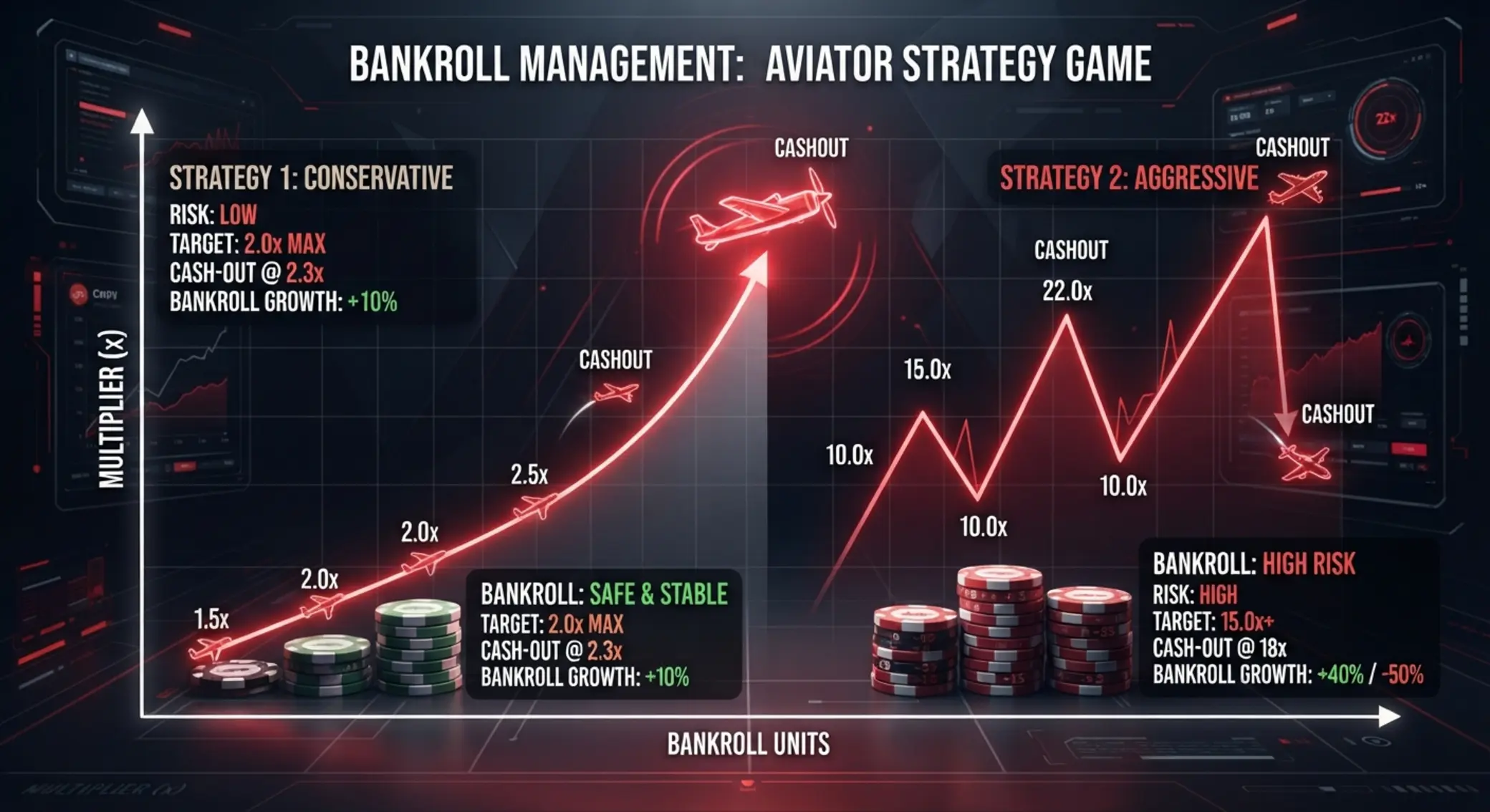 Estrategias y gestión de banca para Aviator con gráfico y fichas