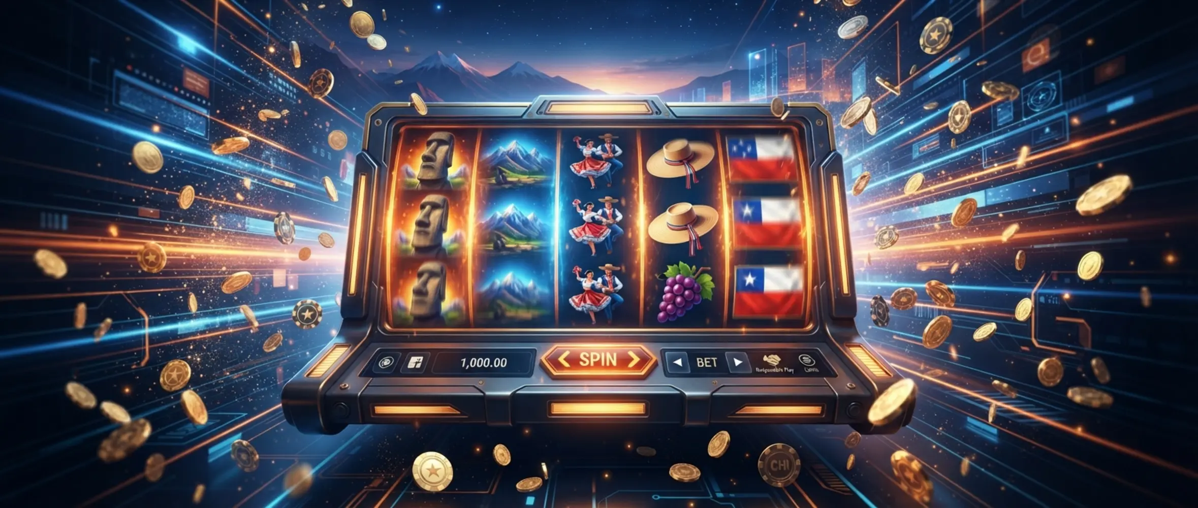 Banner con tragamonedas, monedas y fichas en estilo promocional para giros gratis en Chile