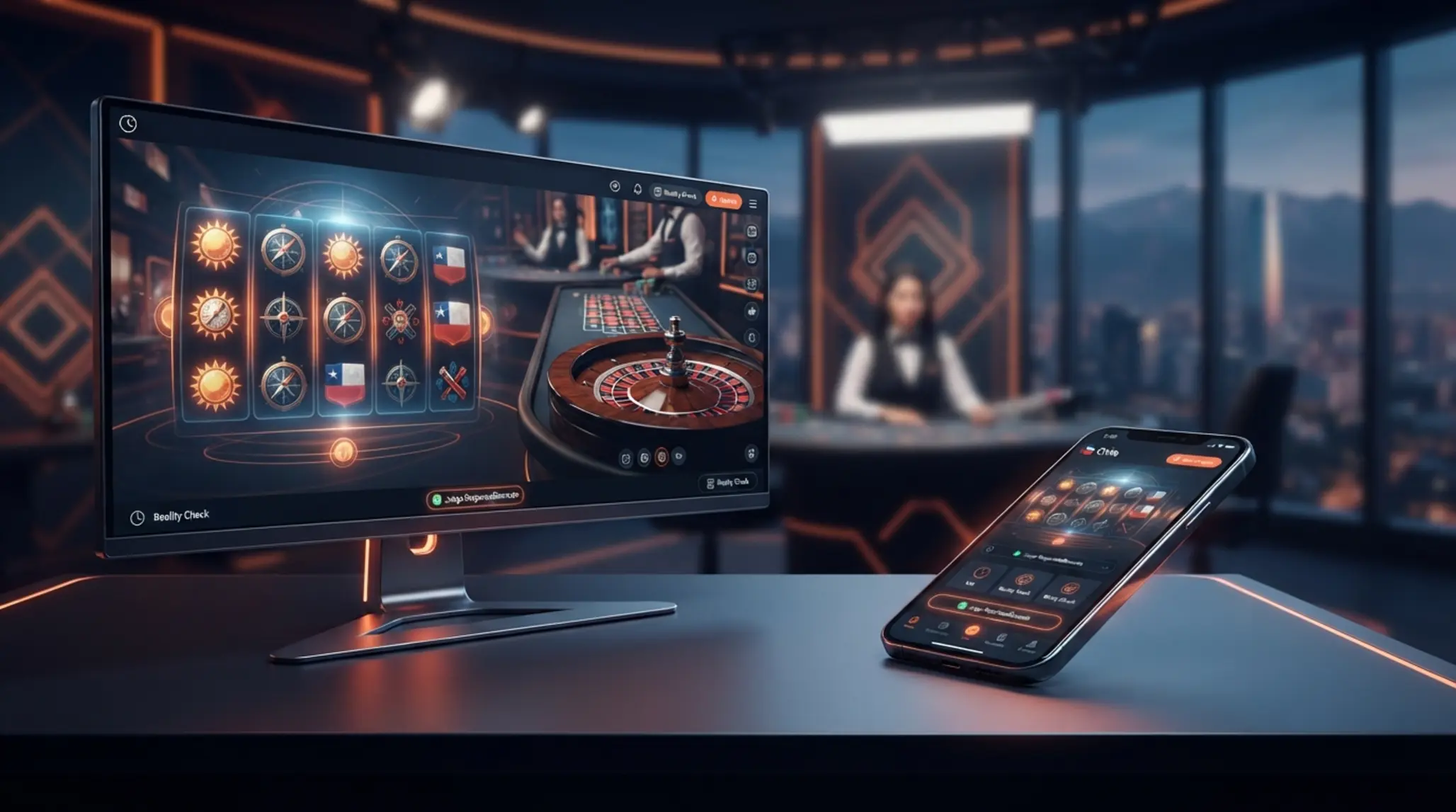 Banner de entretenimiento digital con tragamonedas y mesa en vivo en Chile