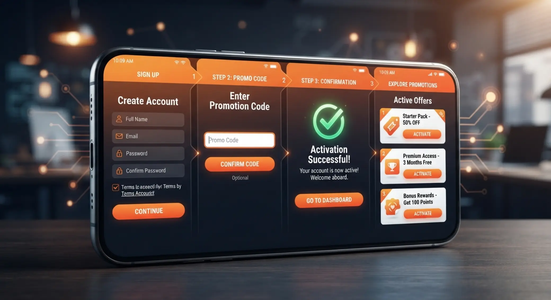 Visualización del proceso para activar un código promocional