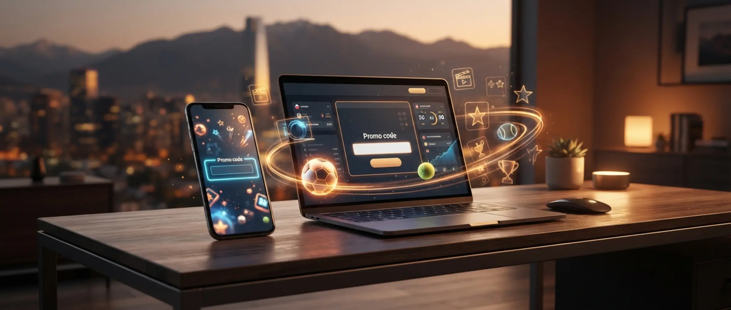 Banner promocional con móvil y laptop, ambiente digital y elementos de entretenimiento para Chile