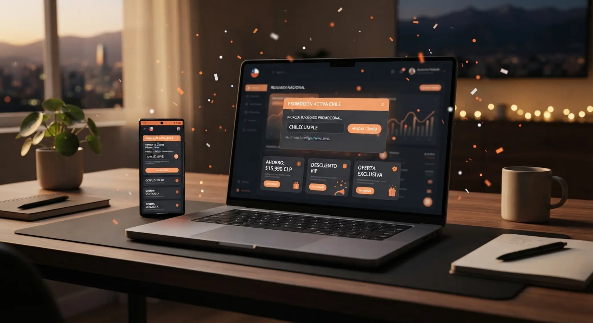 Usuario ingresando un código promocional en móvil y laptop