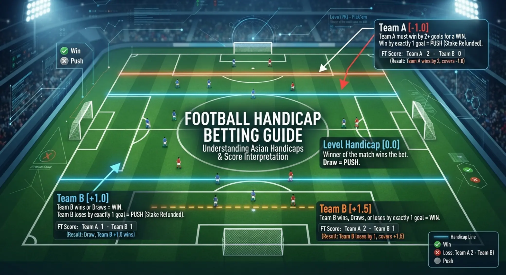 Infografía de fútbol con líneas de handicap positivas y negativas