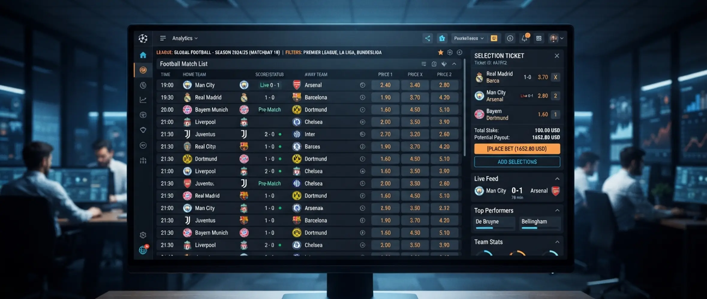 Interfaz de apuestas deportivas con partidos, cuotas y cupón lateral
