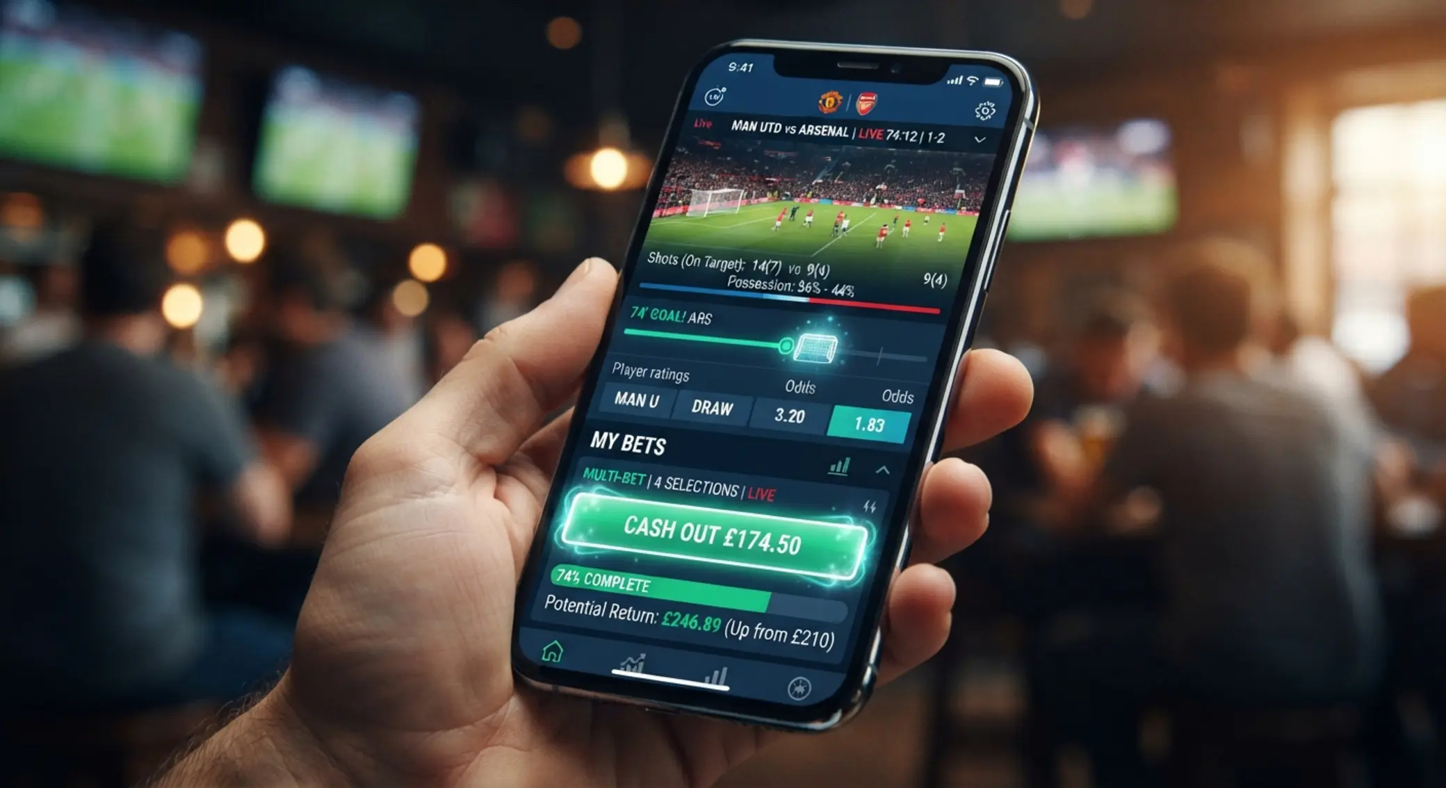 Pantalla de apuesta deportiva con opción de Cash Out destacada