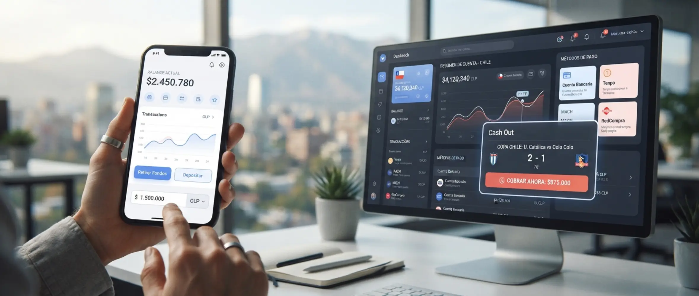Interfaz visual de retiro de saldo y opción tipo Cash Out en un entorno digital para usuarios de Chile