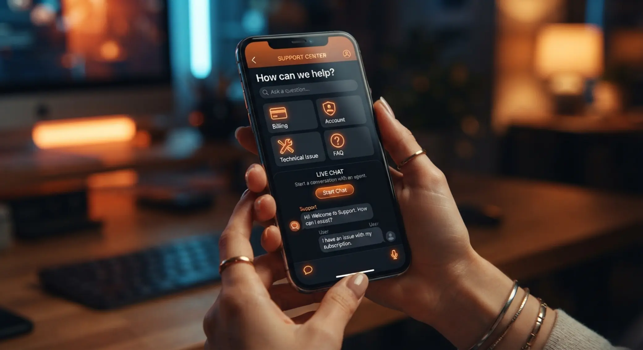 Pantalla de smartphone con interfaz de ayuda y chat