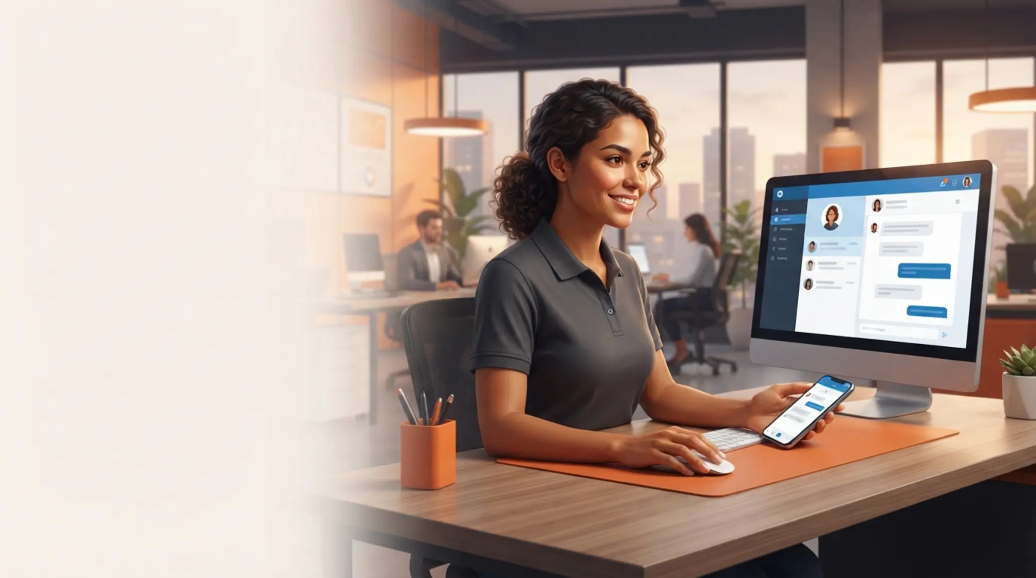 Atención al cliente digital con operador y dispositivos móviles y PC