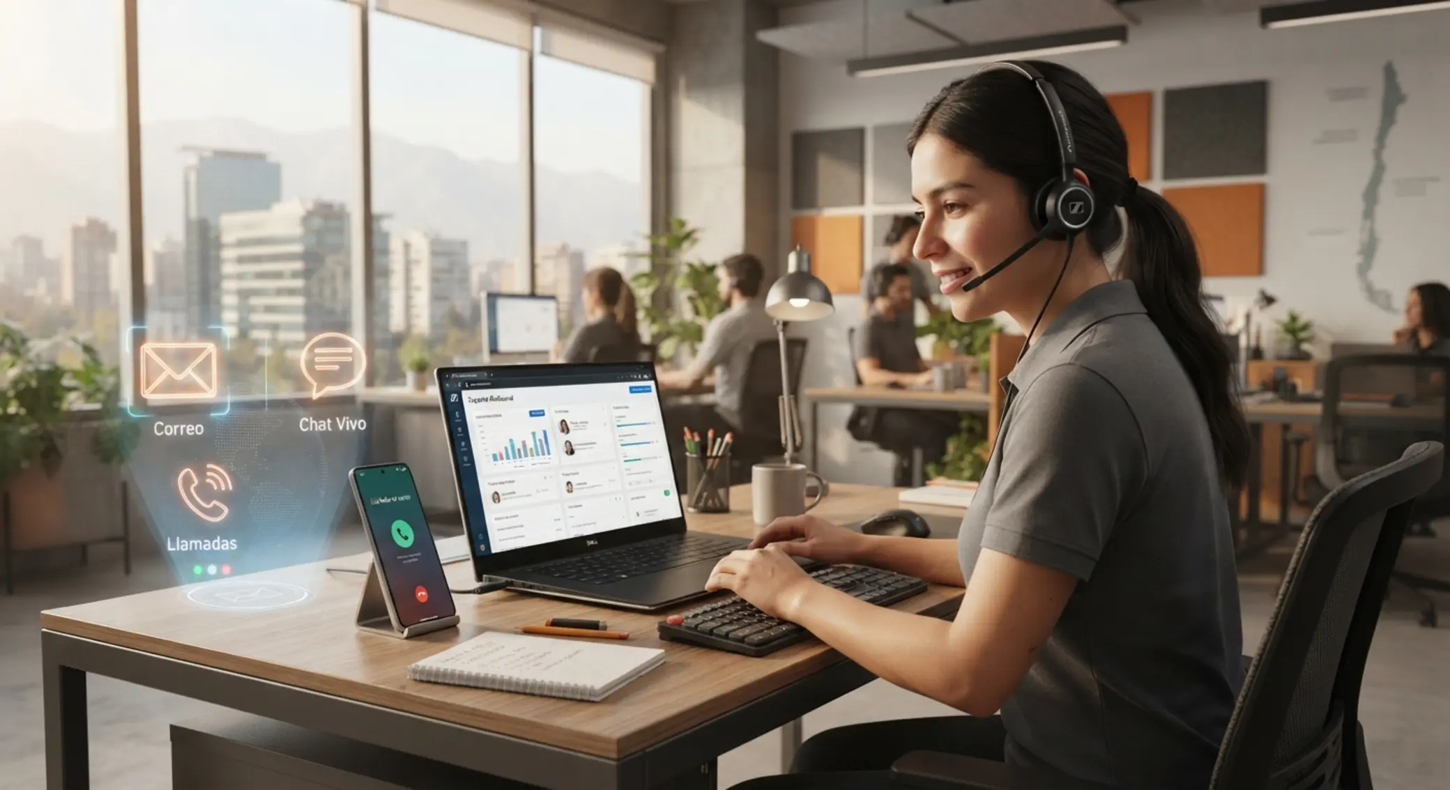 Centro de atención al cliente multicanal con teléfono chat y correo