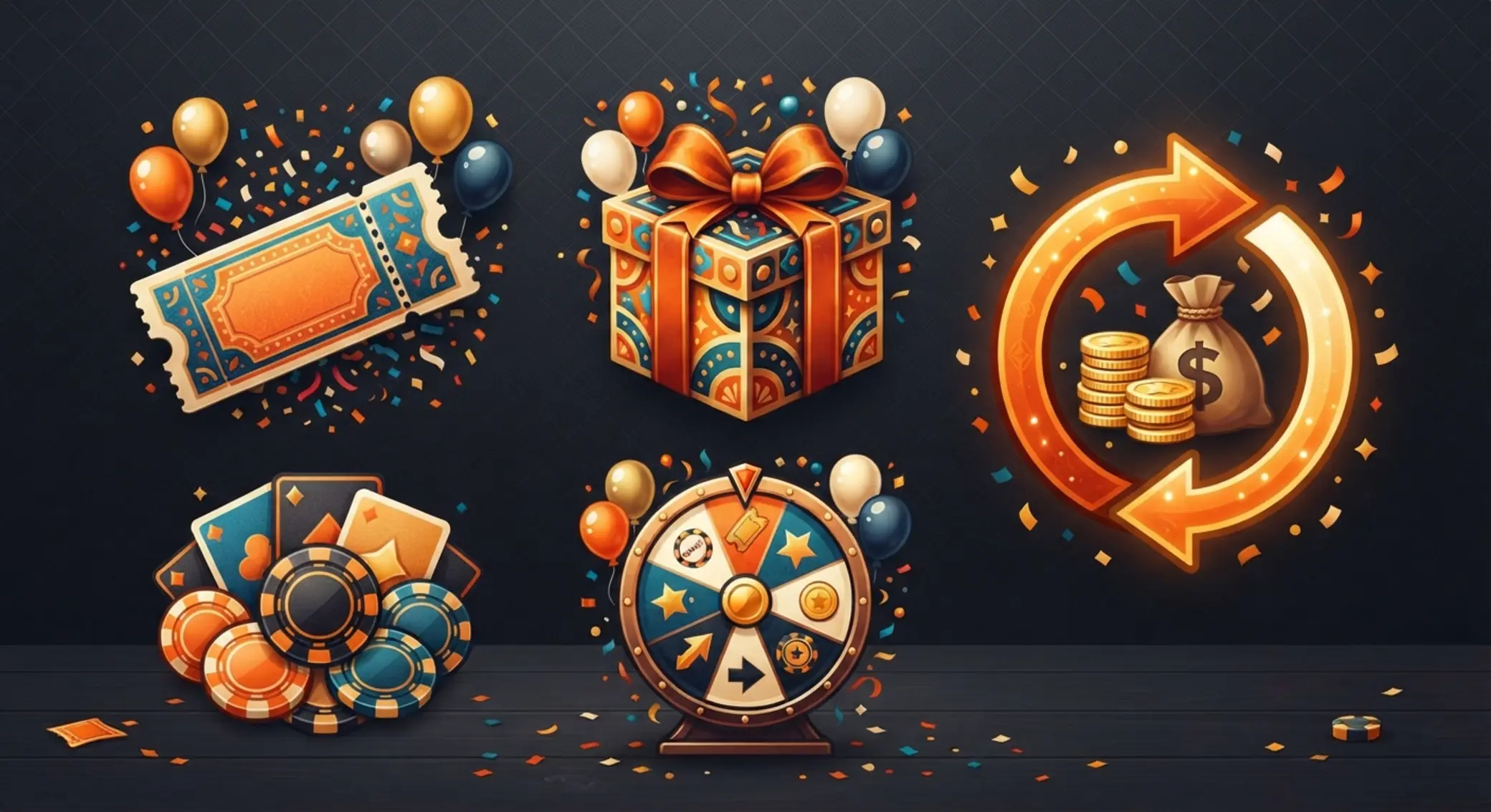 Tipos de bonos de cumpleaños en iGaming Iconos de distintos tipos de bonos de cumpleaños en estilo festivo