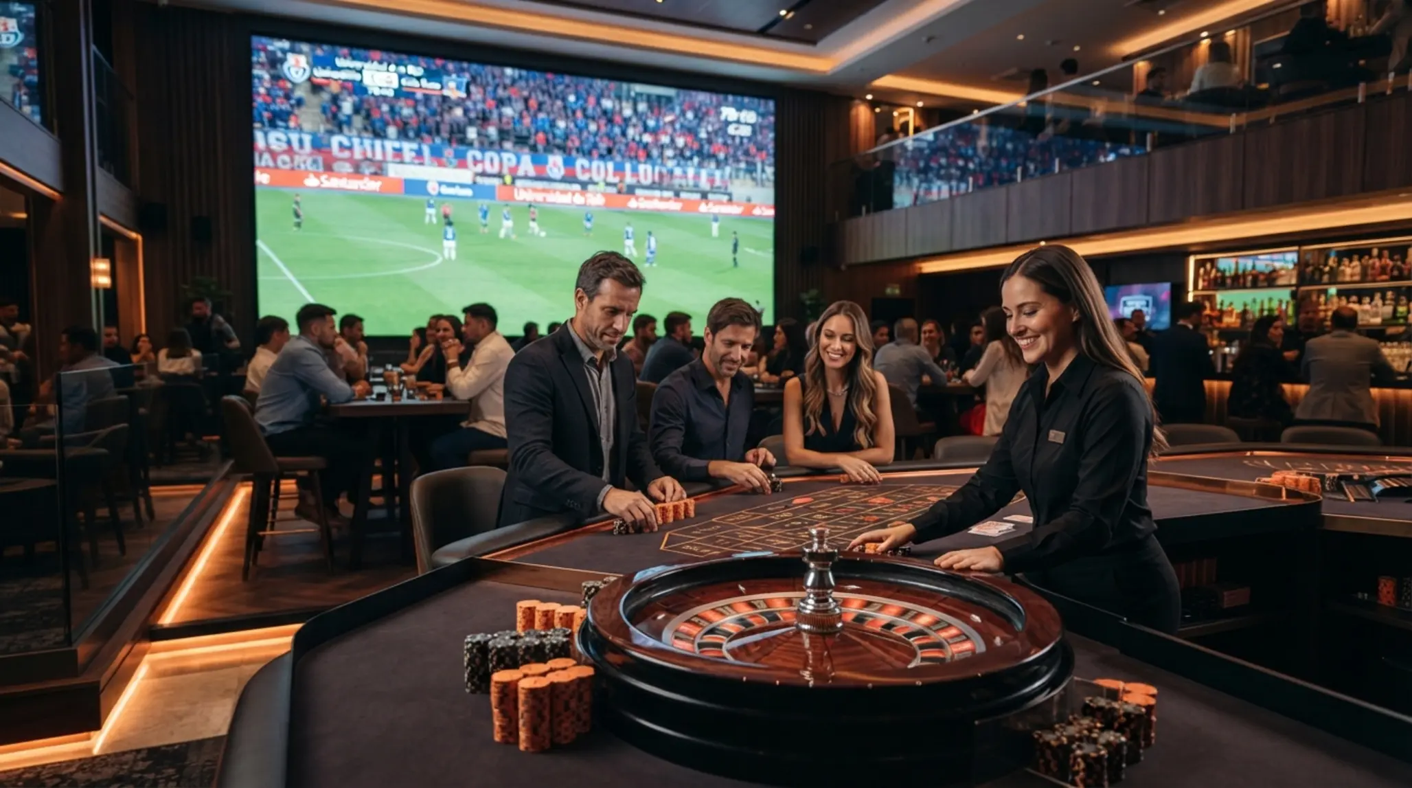 Mesa de ruleta en vivo y partido de fútbol en pantallas para Betano en vivo Chile