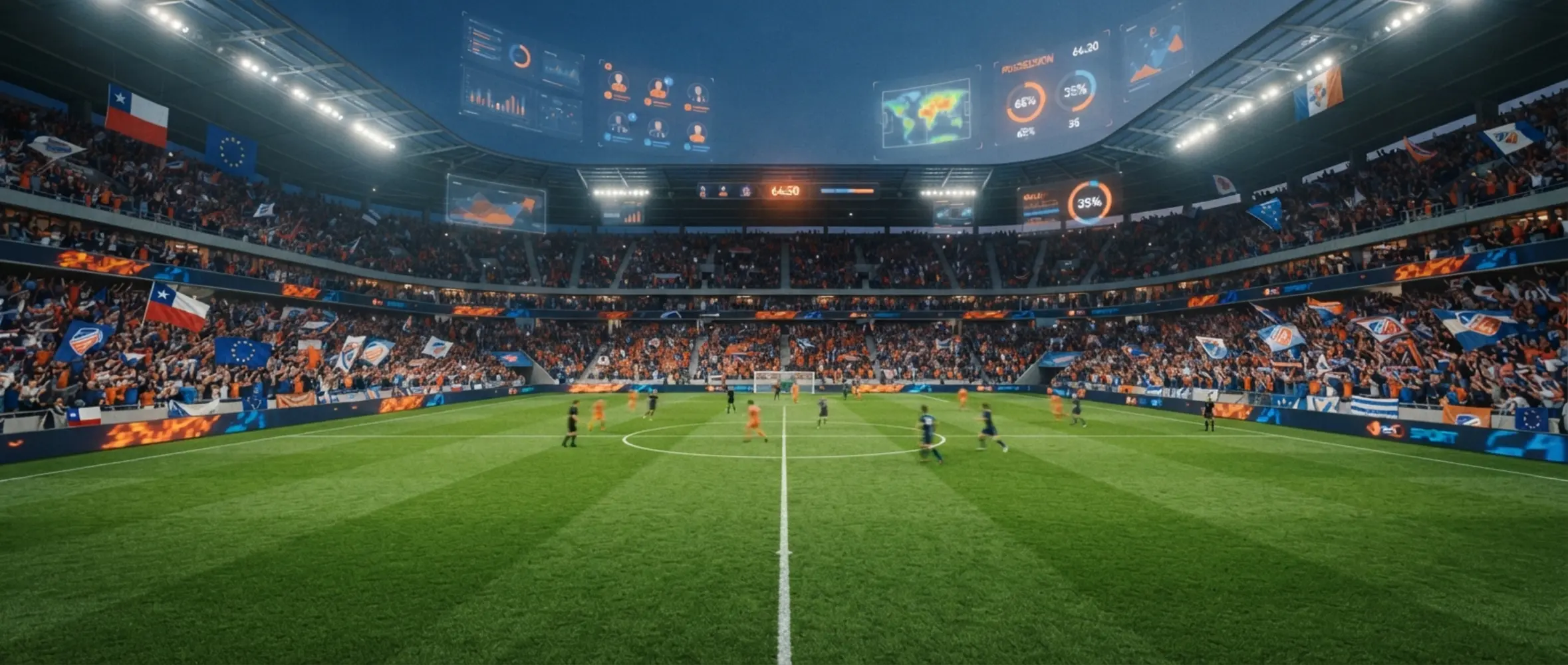 Cancha de fútbol con ambiente de ligas chilenas y europeas en un banner deportivo