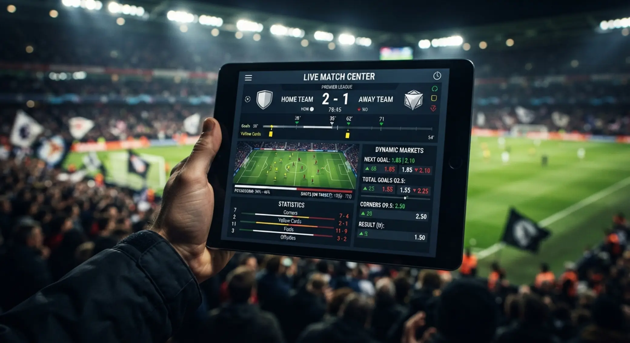 Pantalla de partido de fútbol en vivo con marcador y mercados en tiempo real