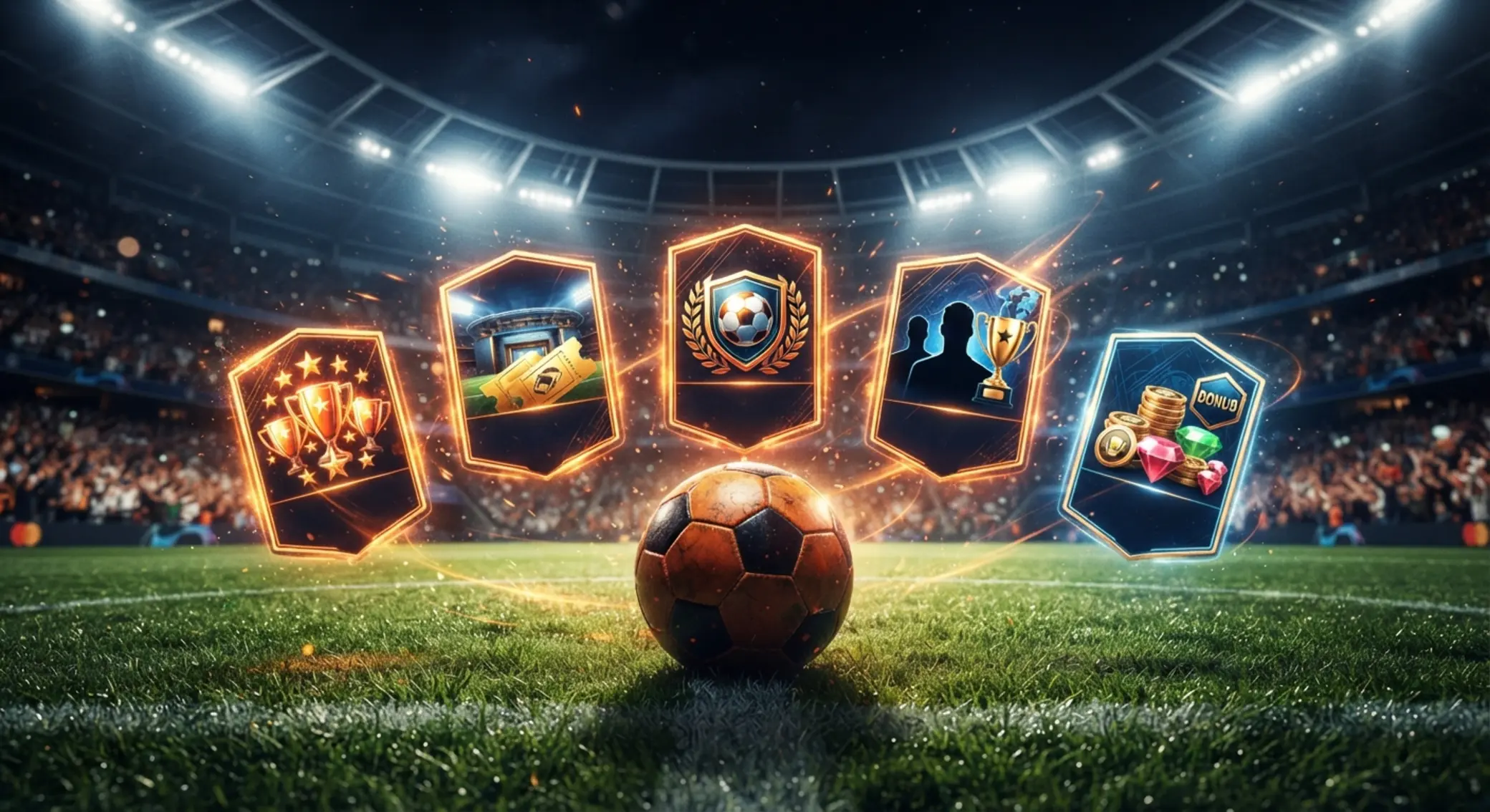 Gráfica promocional genérica de fútbol con estadio y elementos visuales de oferta