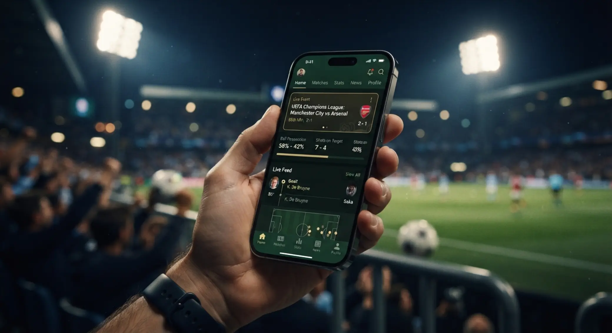iPhone con pantalla de inicio de app móvil y elementos deportivos