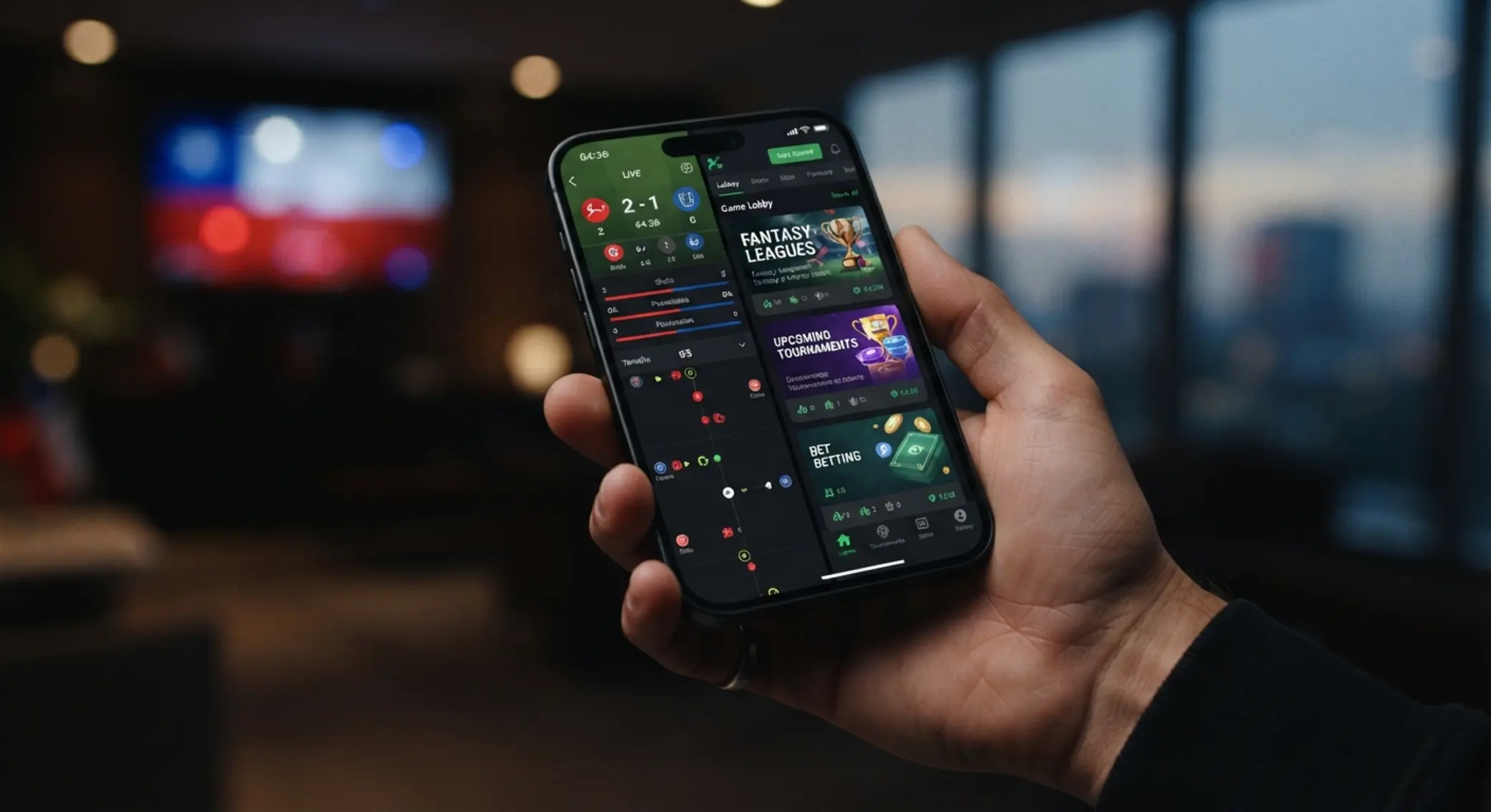 iPhone en mano con interfaz móvil inspirada en Betano y fondo con guiño a Chile