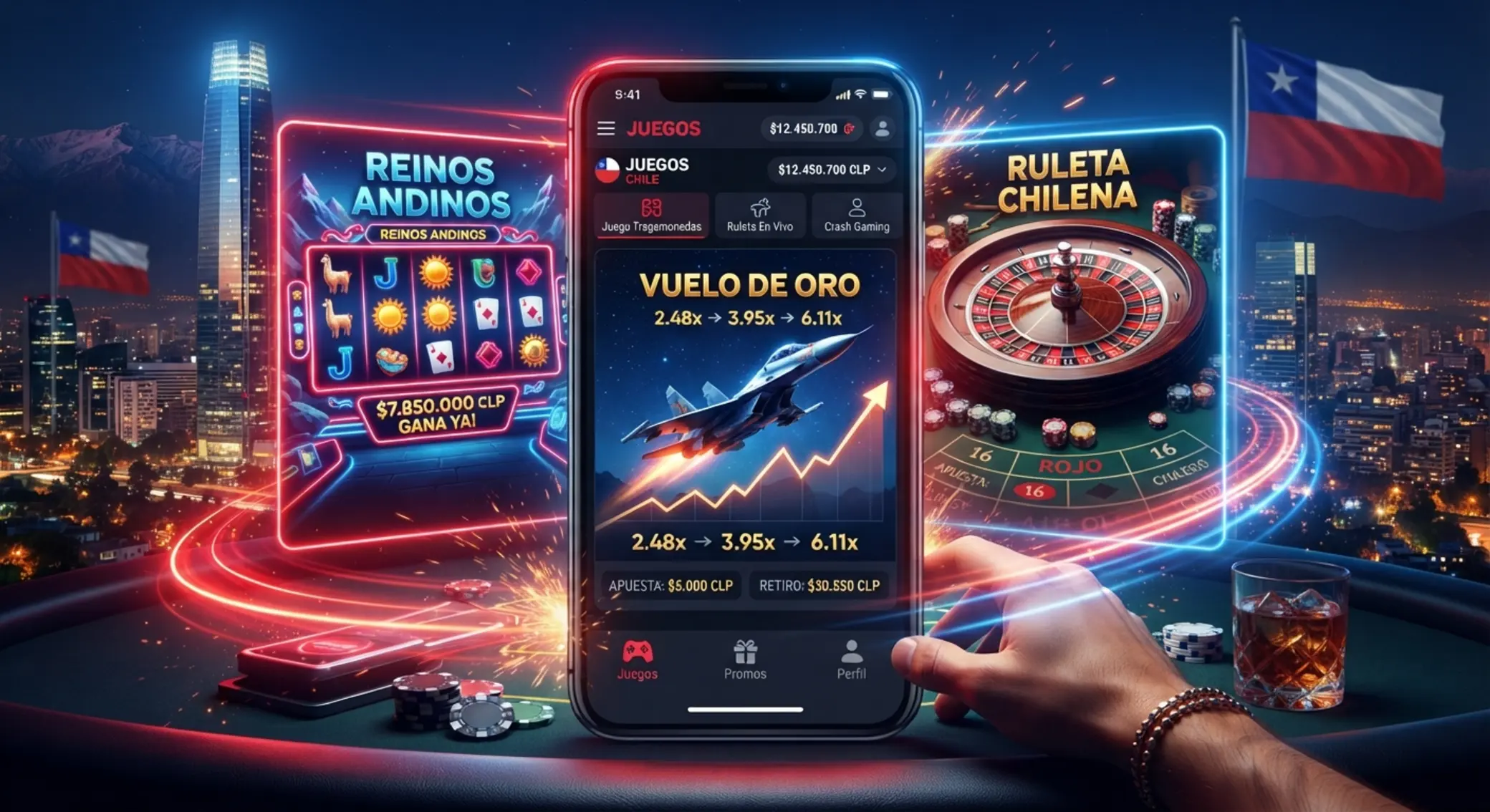 Collage de tragamonedas, ruleta y juego tipo Aviator para Chile