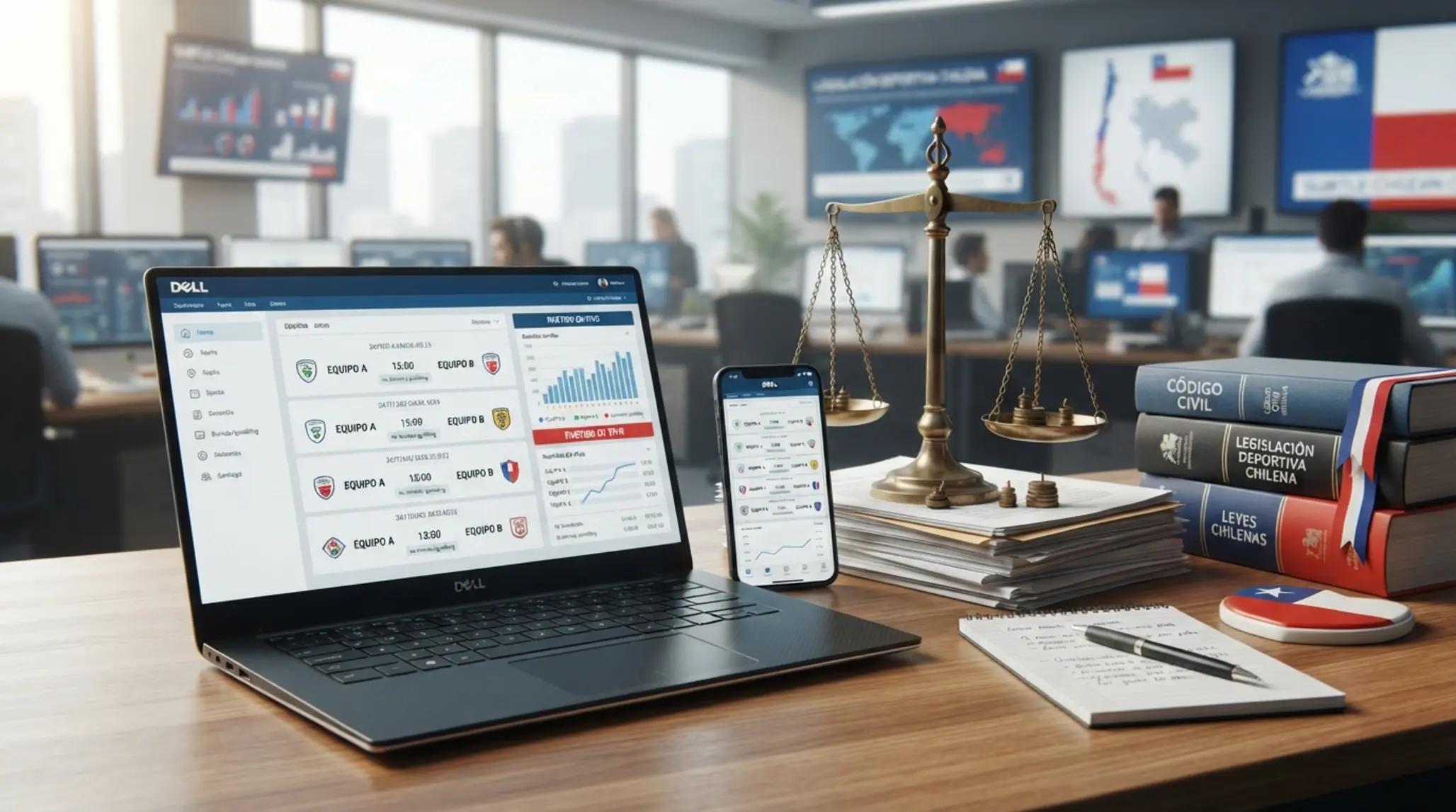 Banner informativo sobre legalidad de plataformas online en Chile con símbolos de justicia y dispositivos digitales