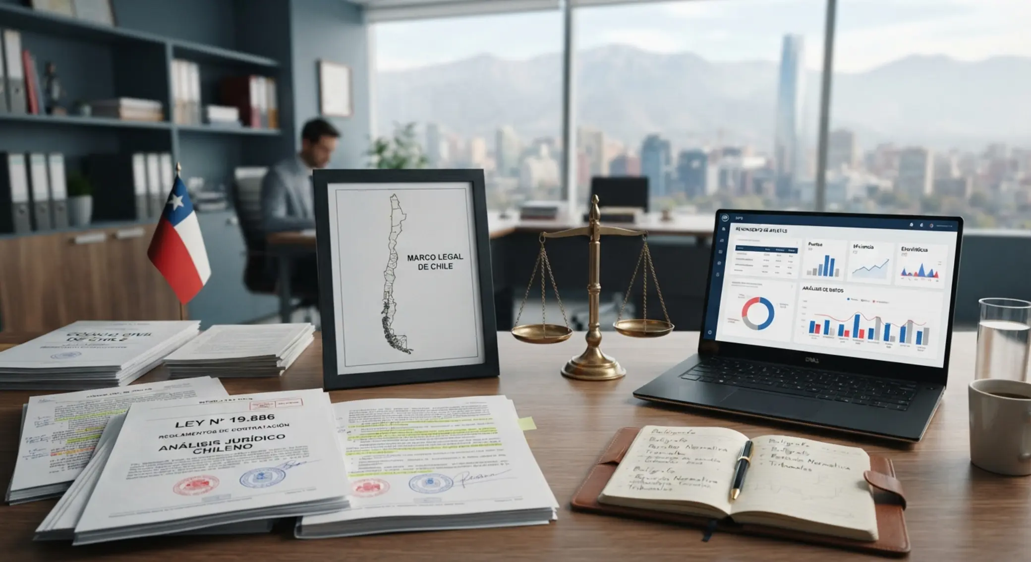 Documentos legales, balanza y mapa de Chile junto a un computador con interfaz digital