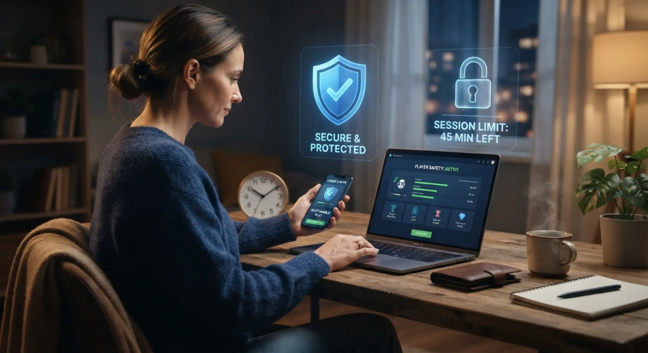 Usuario con computador y móvil junto a símbolos de seguridad digital y control responsable