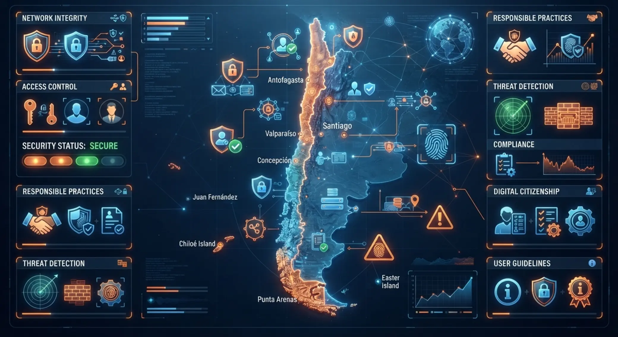 Mapa de Chile con elementos de seguridad y contexto de Betano