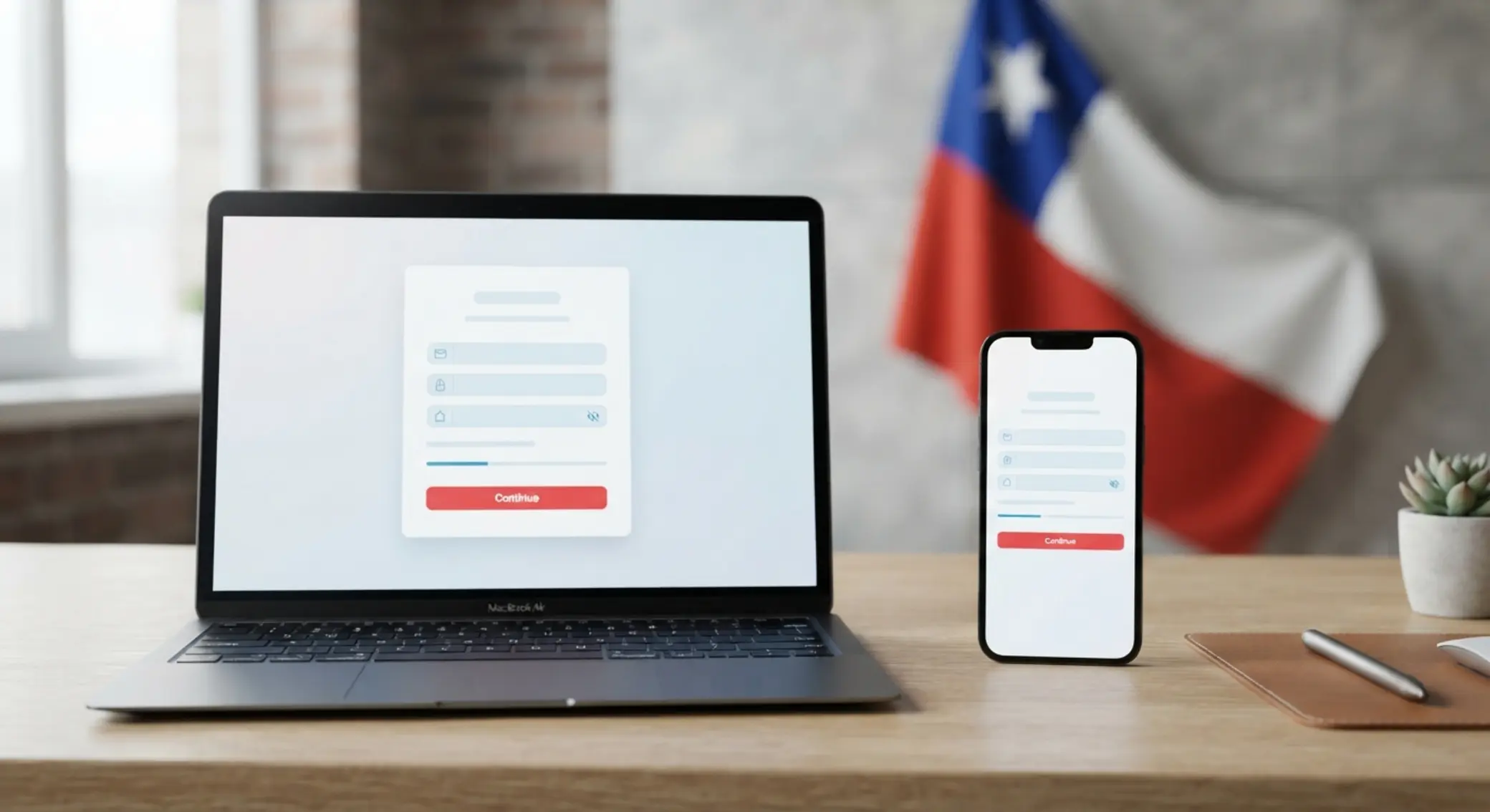 Pantalla de registro en dispositivo con fondo inspirado en Chile y enfoque en seguridad