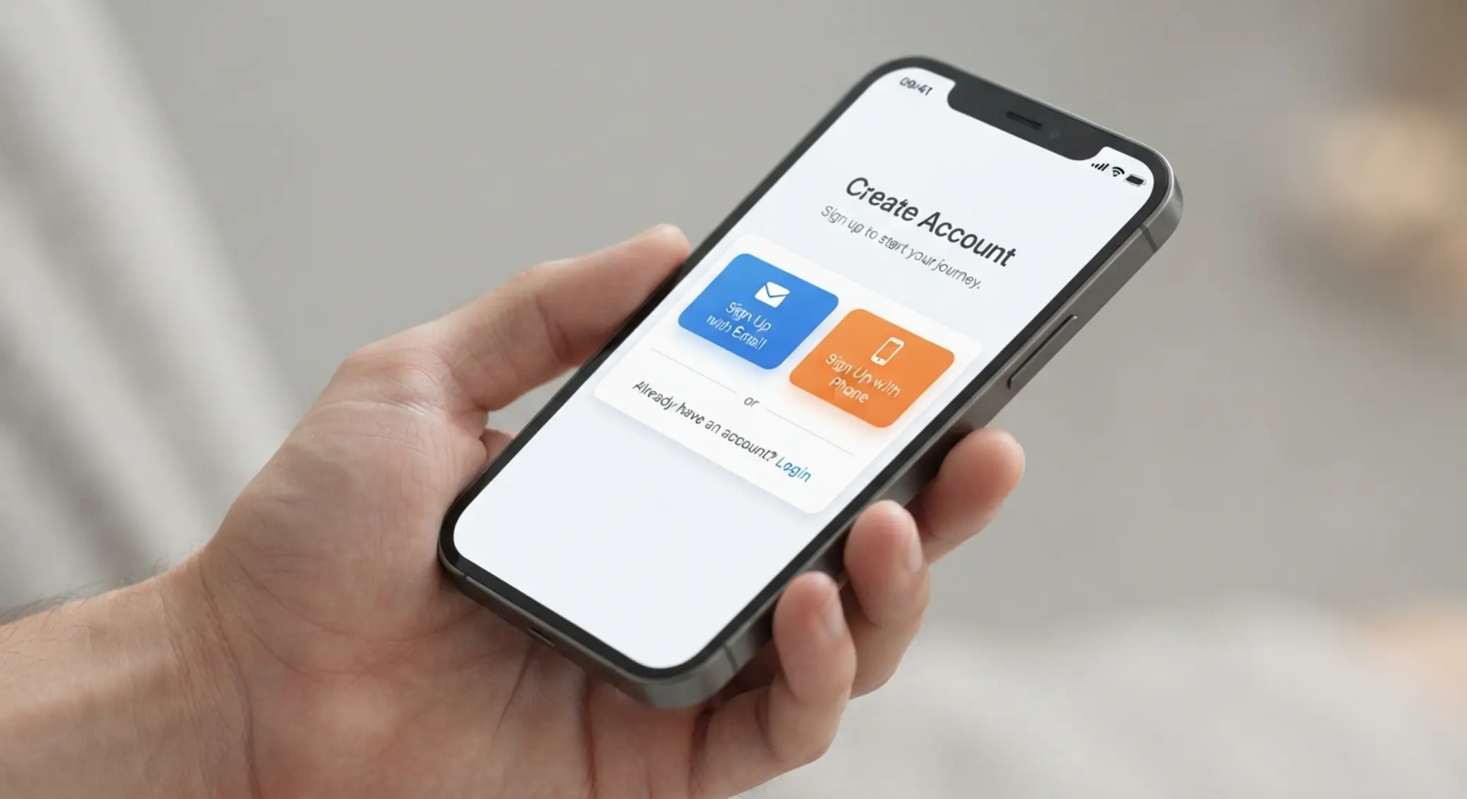 Opciones de registro por email o teléfono en una interfaz móvil