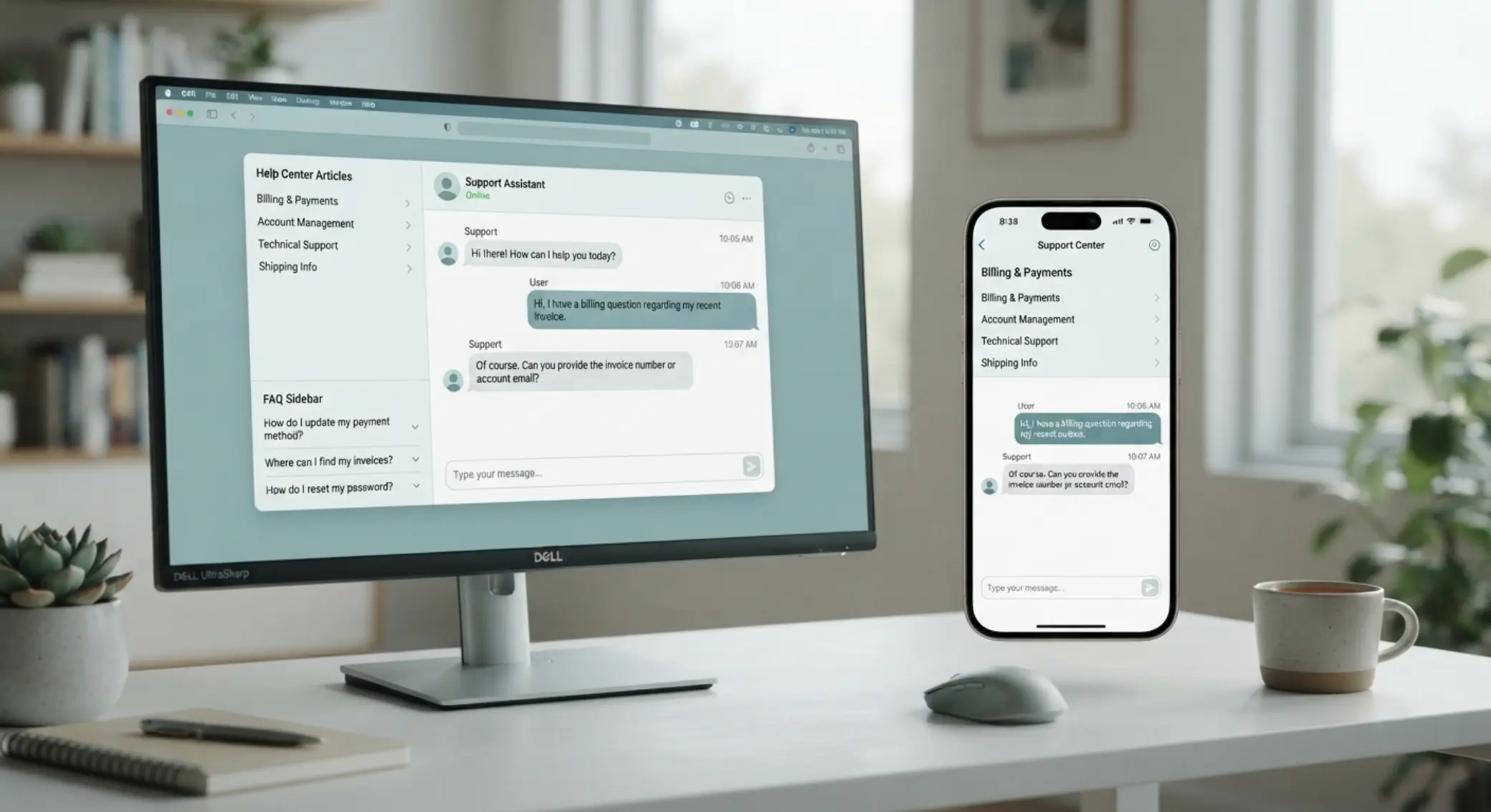 Interfaz de chat y centro de ayuda digital para soporte al cliente