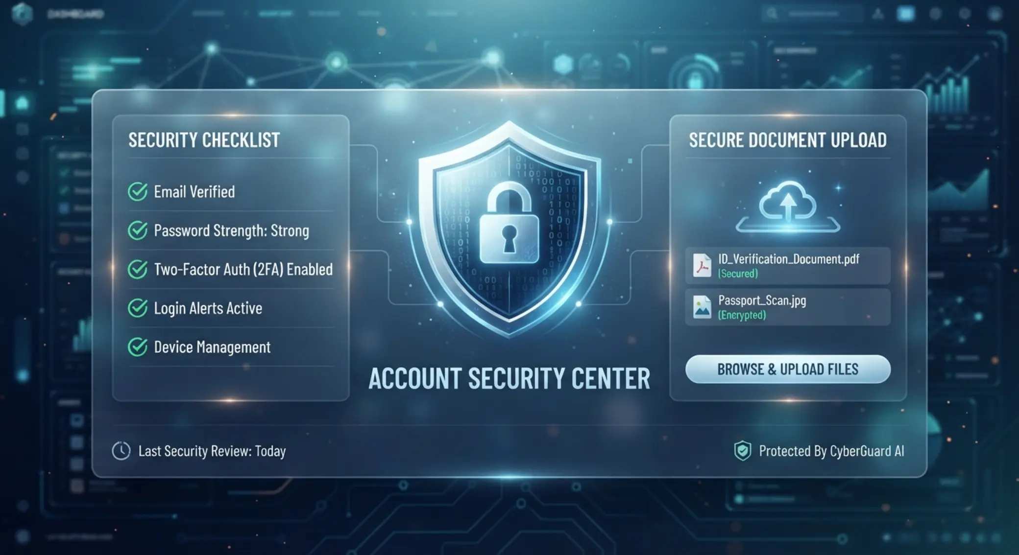 Concepto visual de seguridad de cuenta con escudo y lista de verificación
