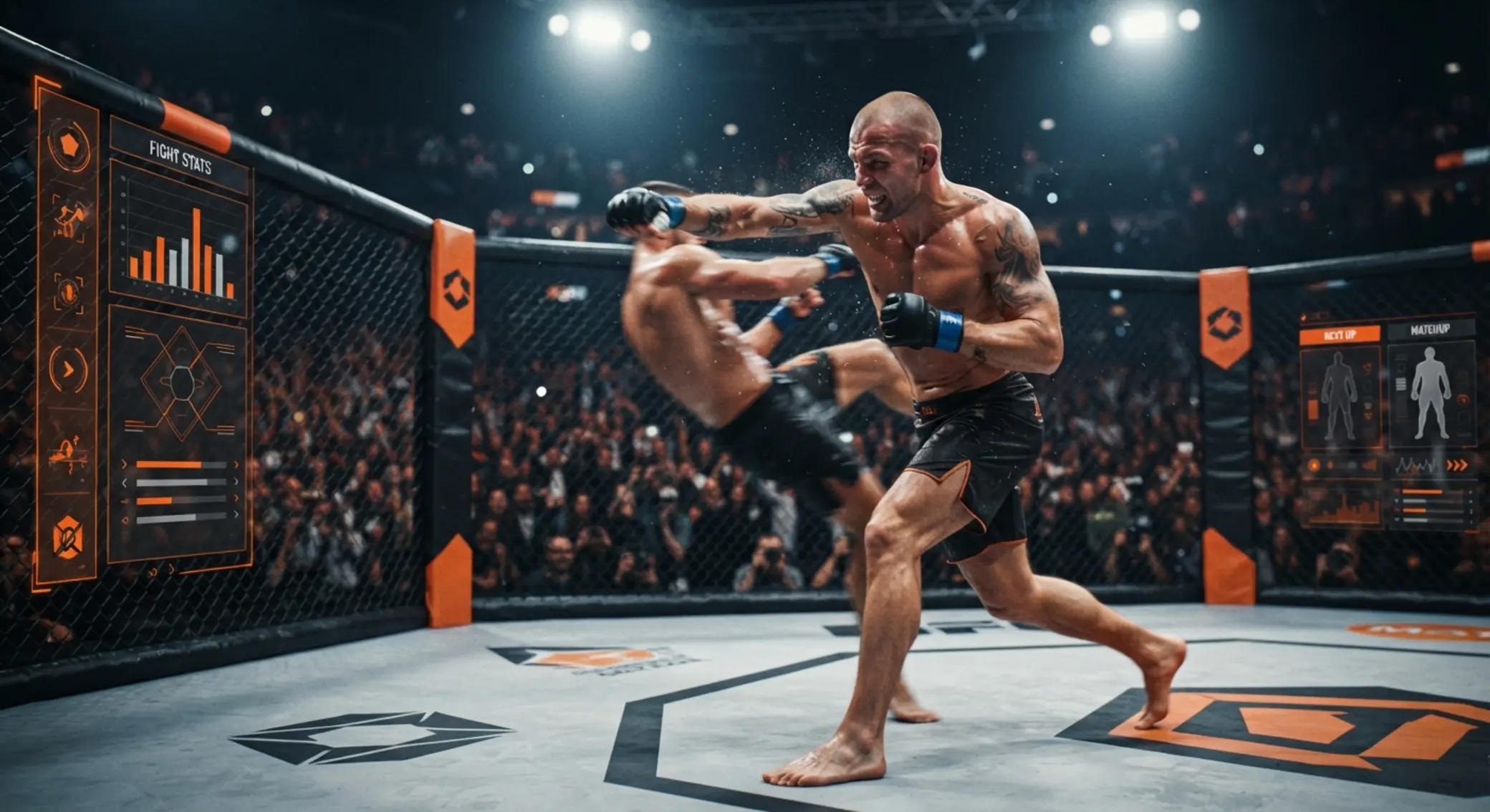 Luchador ficticio en el octágono con interfaz deportiva genérica y ambiente de UFC