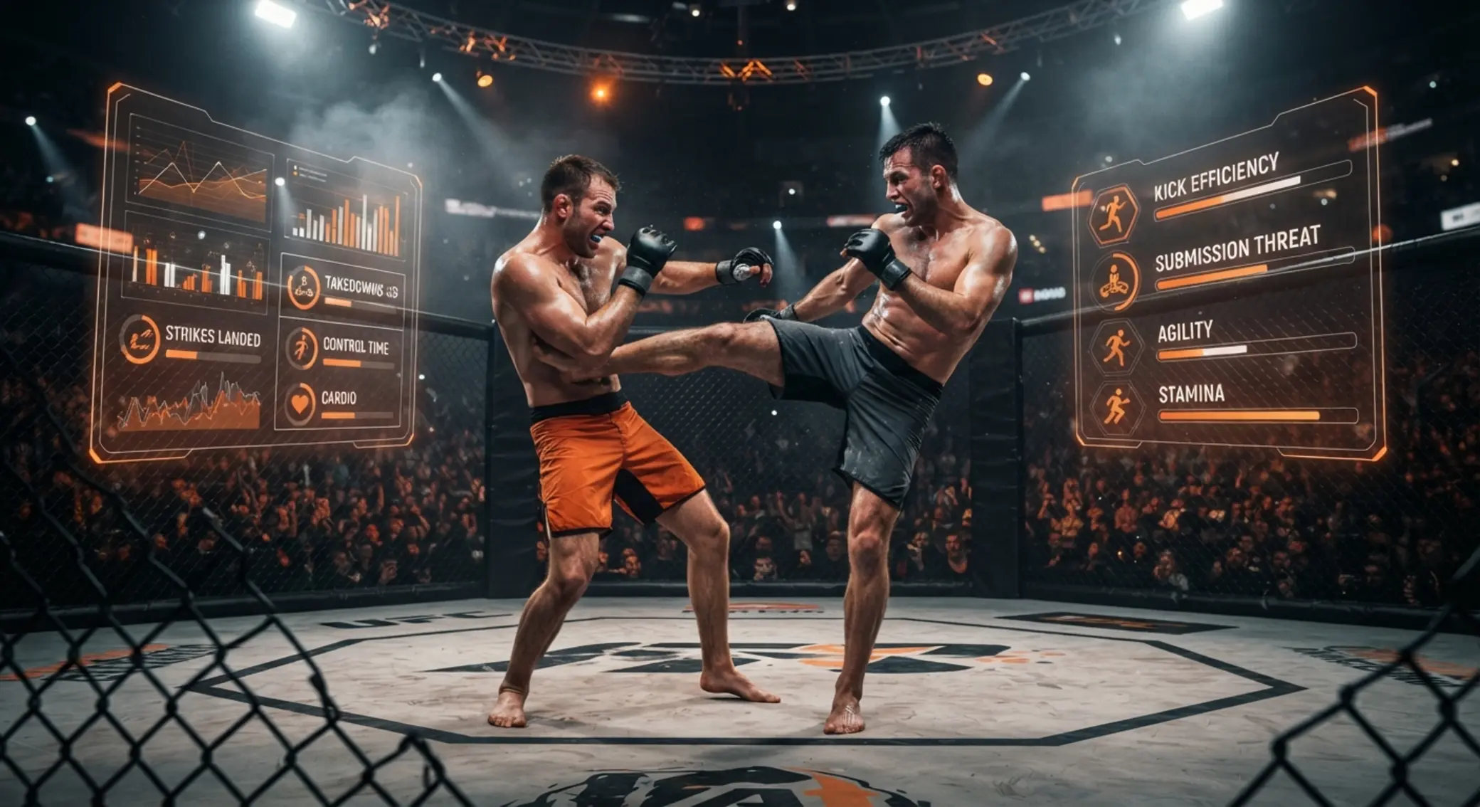 Combate en el octágono con interfaz de mercados Combate ficticio de UFC con panel de mercados deportivos genéricos