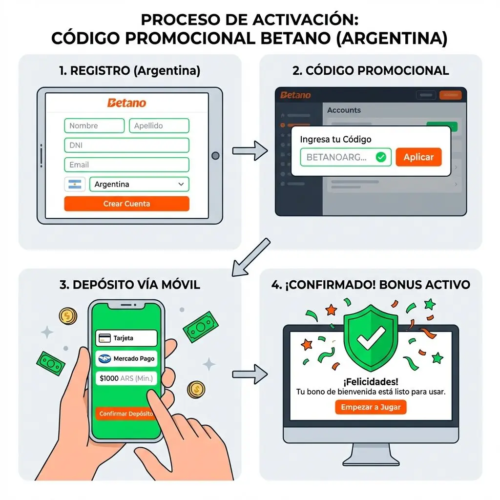 Pasos para activar el código promocional Betano en Argentina, ilustración secuencial