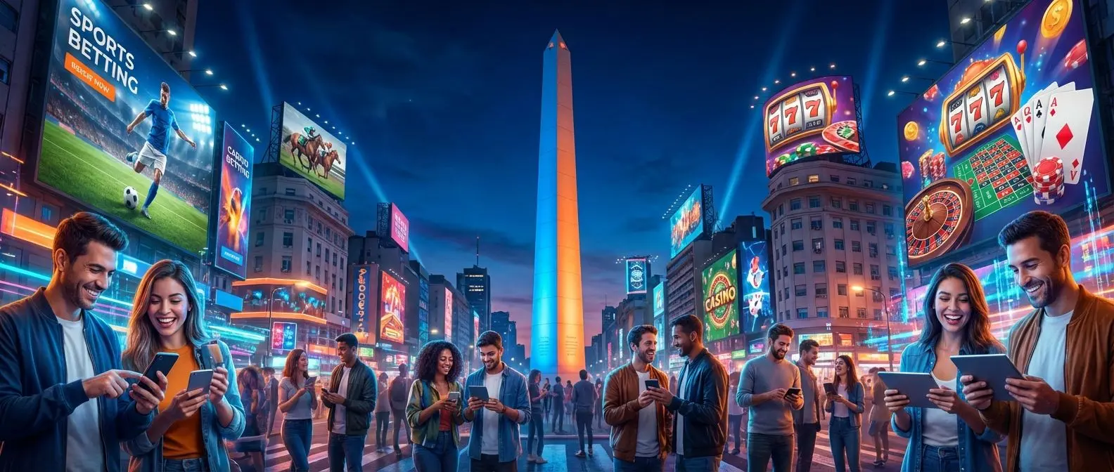 Vista panorámica nocturna de Buenos Aires con luces, jugadores apostando online y elementos de casino digital