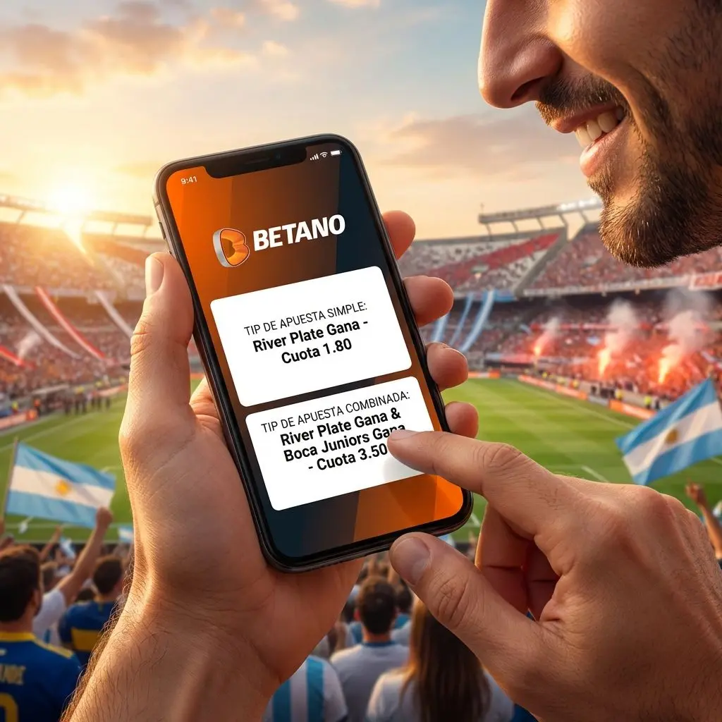 Apostador usando Betano desde el móvil, eligiendo apuesta simple o combinada en Argentina