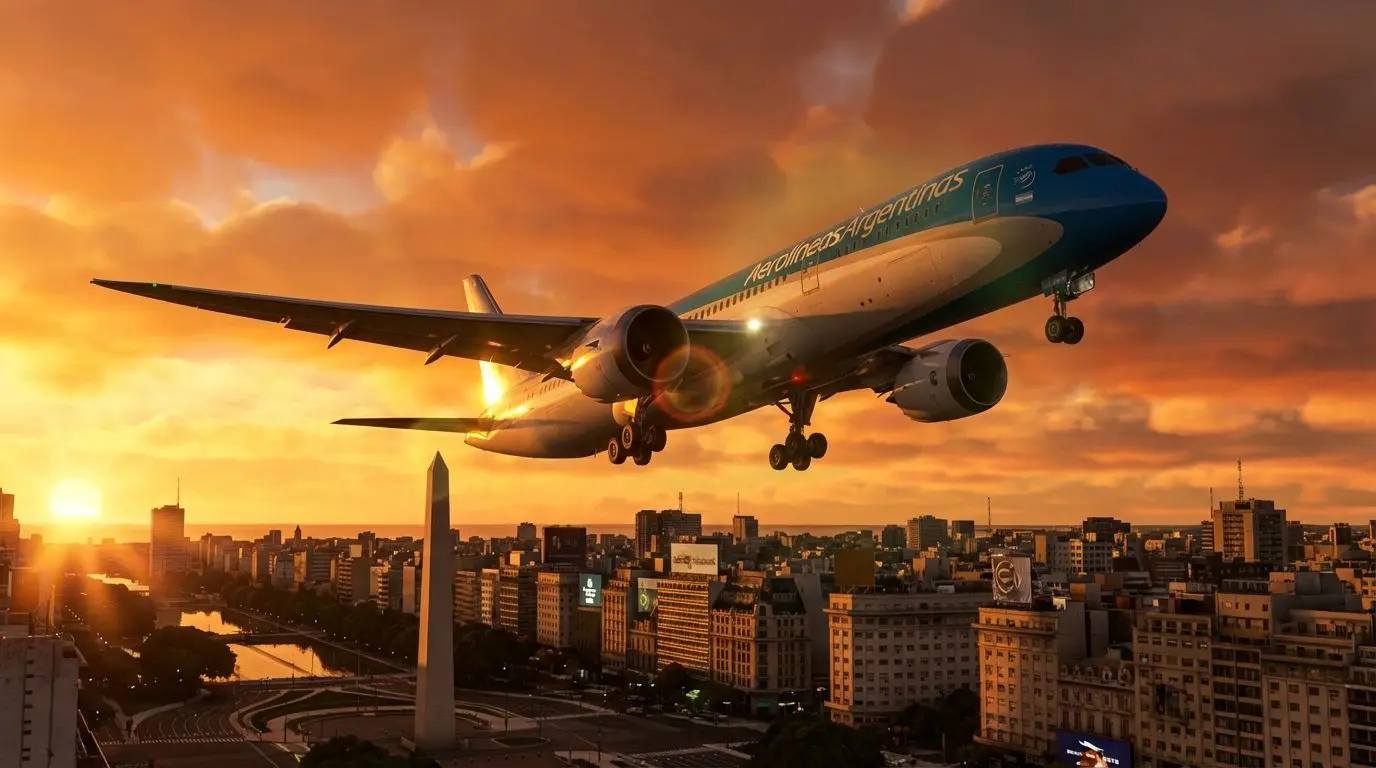 Avión despegando sobre Buenos Aires al atardecer, con nubes doradas y ciudad al fondo.