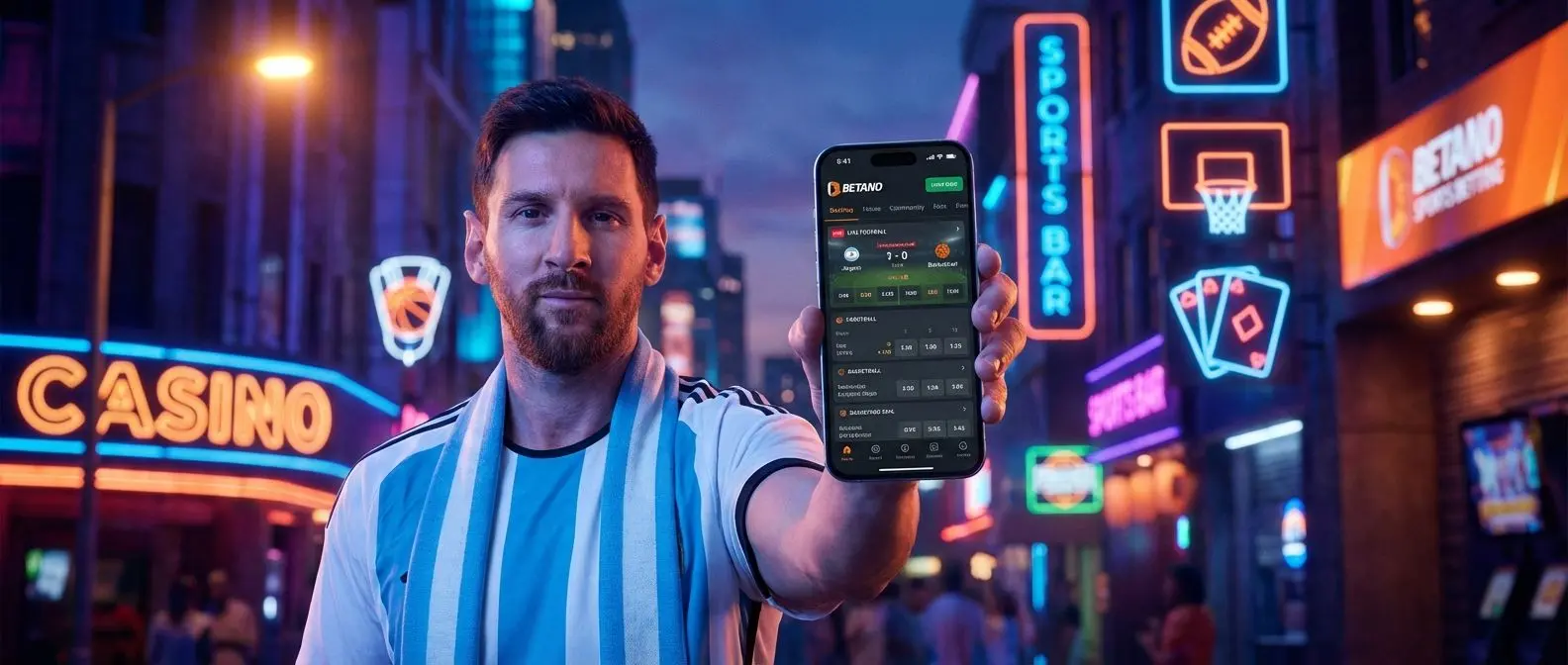Aficionado argentino usando la app de Betano en su smartphone entre iconos de deportes y casino
