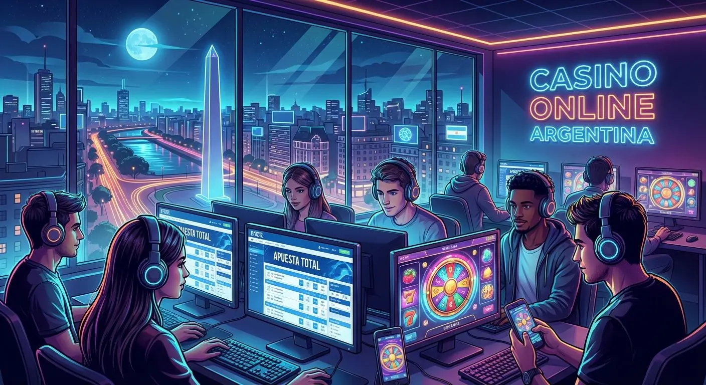 Escena digital de casino en línea Betano Argentina, con apuestas deportivas y tragamonedas en ambiente argentino nocturno