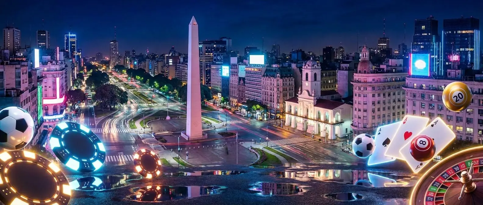 Panorámica nocturna de Buenos Aires con temática de casino y apuestas deportivas online