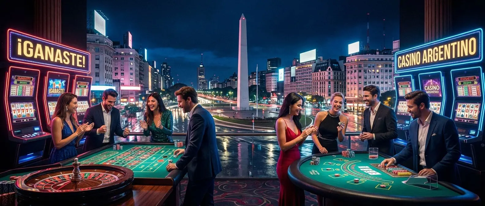 Ambiente de casino online moderno con público argentino y juegos populares