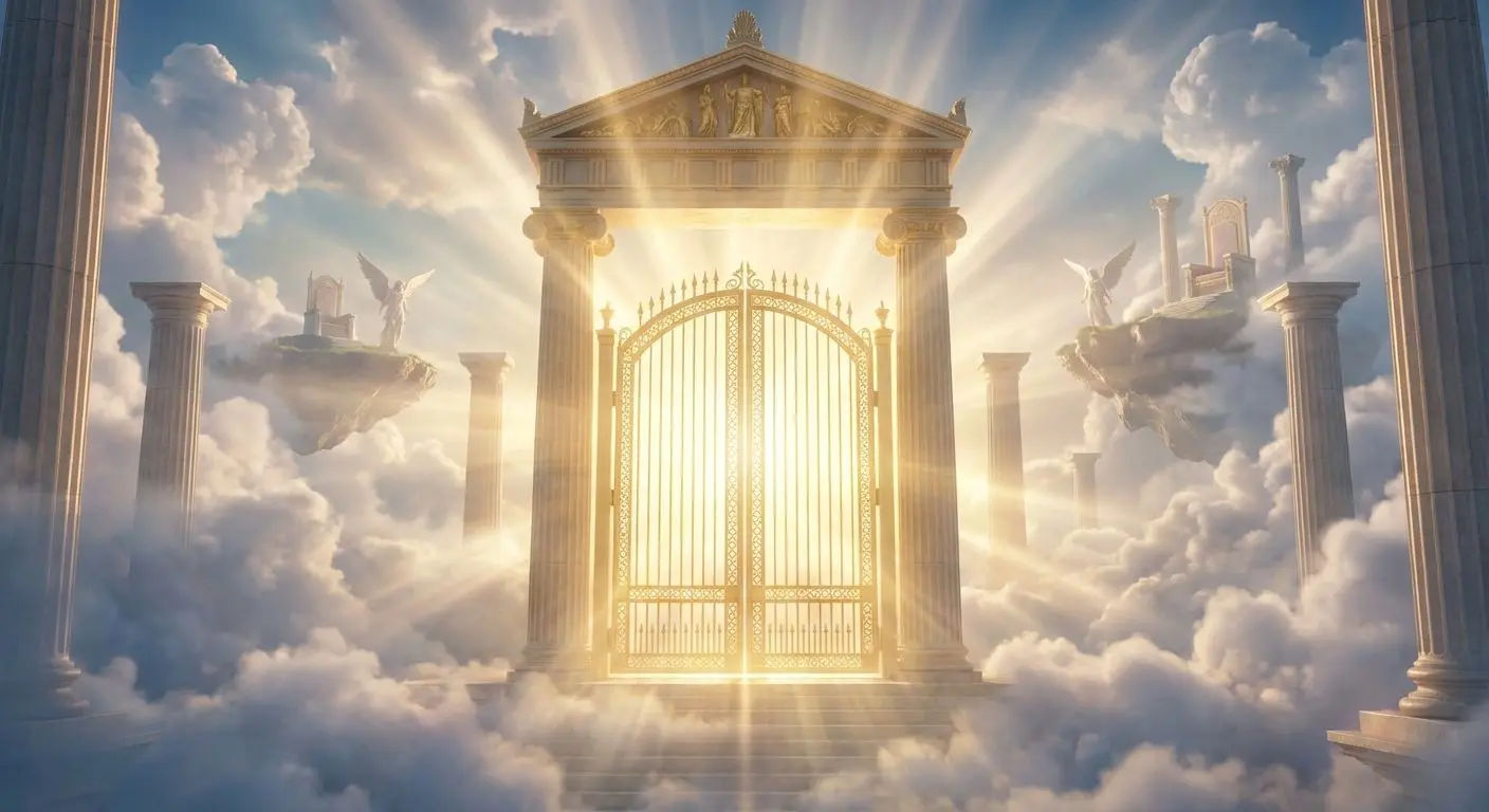 Entrada al Olimpo con puertas doradas y rayos, ambiente mitológico, ideal para slot.