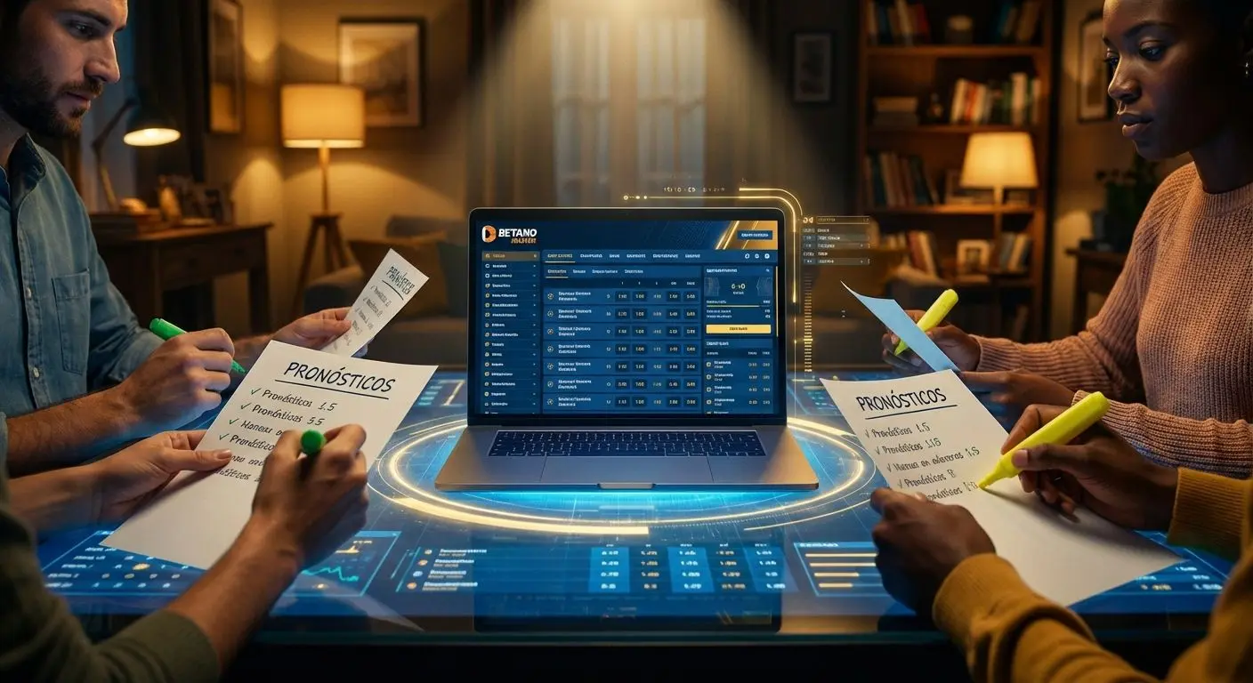 Personas analizando estadísticas de Betano Master y cuotas de apuestas en un ambiente profesional