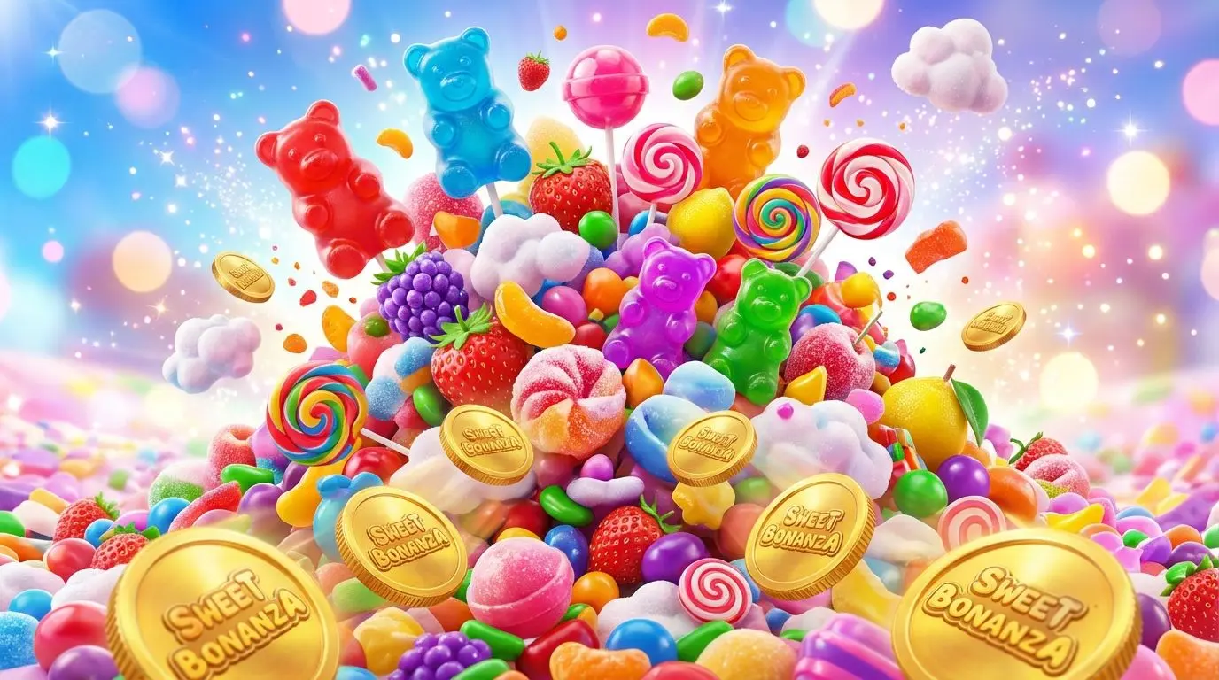 Ilustración vibrante de Sweet Bonanza, dulces y frutas explotando en Betano