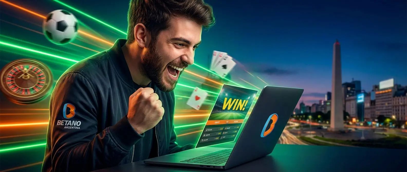 Jugador celebrando un bono en Betano Argentina con símbolos de apuestas y fondo porteño