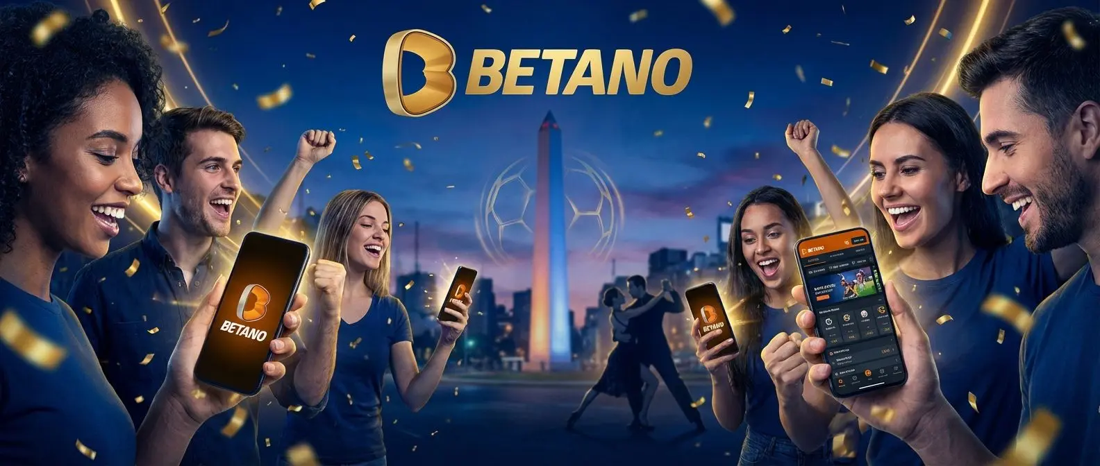 Jugadores argentinos celebrando en Betano con móviles, fondo con símbolos de Argentina