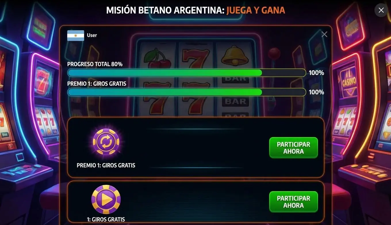 Ejemplo de misión activa en Betano y panel de premios disponibles para el usuario argentino