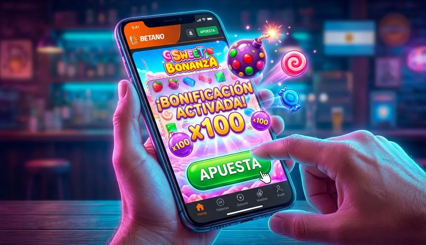 Jugador argentino usando Betano en el móvil para Sweet Bonanza con bono activo