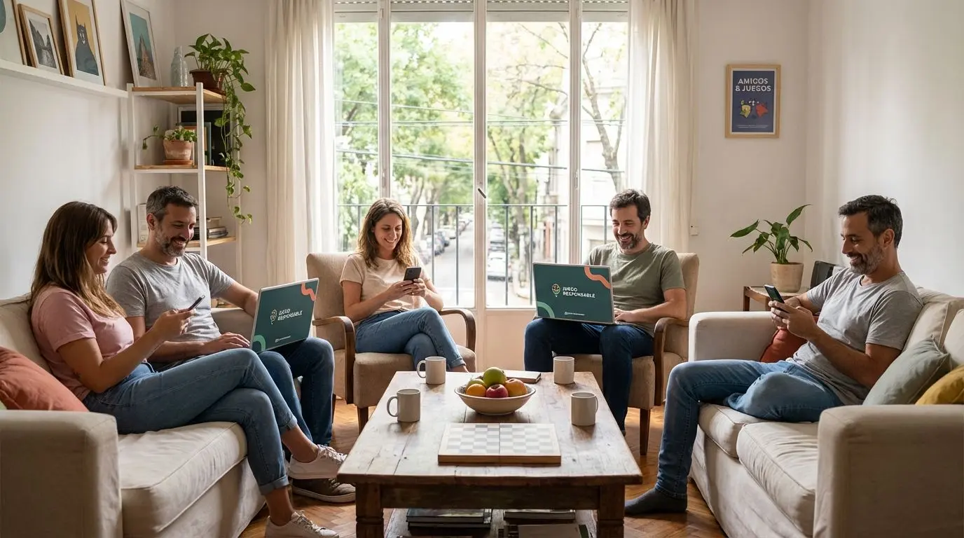 Grupo de adultos argentinos juega online de manera responsable en un salón moderno
